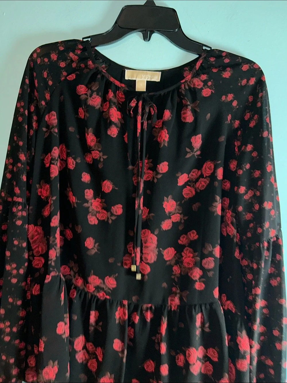 Michael Kors Black Blouse with Red Rose Print